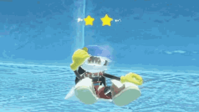 a cartoon character is swimming in a pool with two stars above him