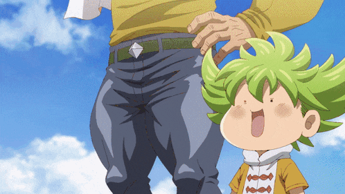 a cartoon character with green hair is standing next to a man in a yellow shirt