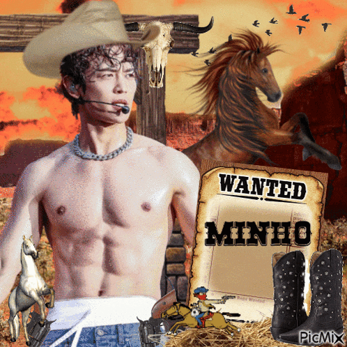 a shirtless man in a cowboy hat stands in front of a wanted sign