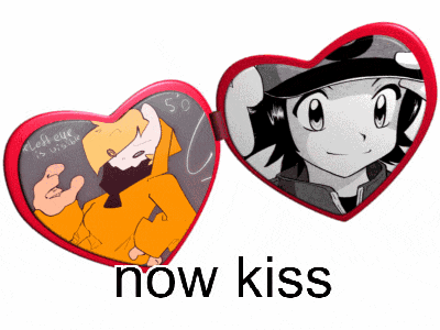 a heart shaped mirror with a picture of a boy and a girl and the words now kiss below it