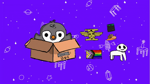 a drawing of a penguin in a cardboard box that says " lucky box "