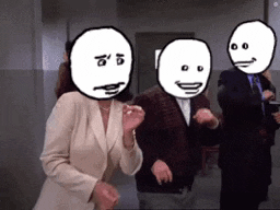 a group of people with cartoon faces on their faces are dancing
