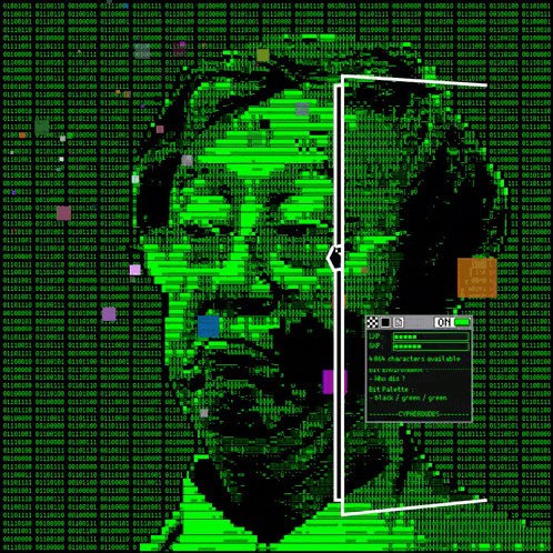 a portrait of a man with a beard is surrounded by green binary code