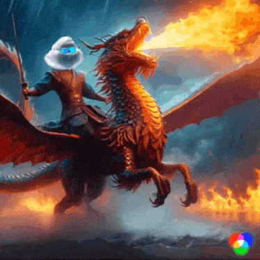 a painting of a man riding a dragon with flames coming out of it 's mouth