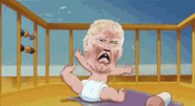 a baby with donald trump 's face on it in a crib