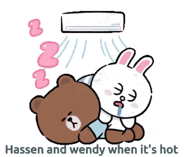 a brown bear and a white rabbit laying under an air conditioner