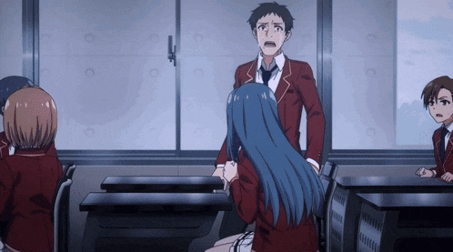 a group of anime characters in a classroom including a boy with blue hair