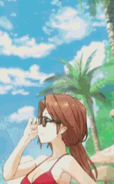 a girl in a red bikini and sunglasses is standing on a beach with palm trees .