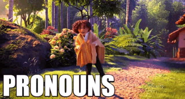 a girl in a yellow poncho is standing on a dirt path with the word pronouns on the bottom