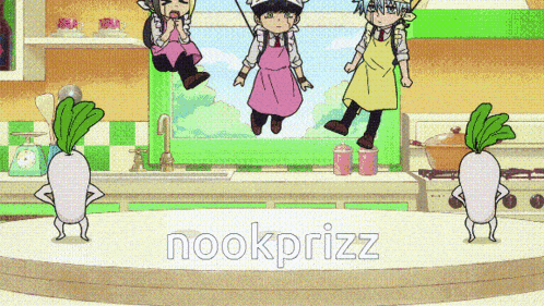 a cartoon of a kitchen with the words nookprizz on it