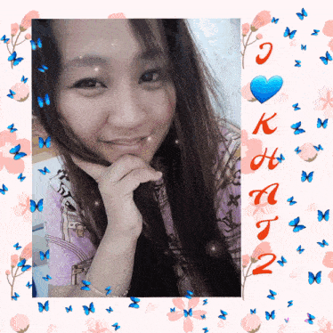 a picture of a woman surrounded by butterflies and flowers with the letters k h j and t