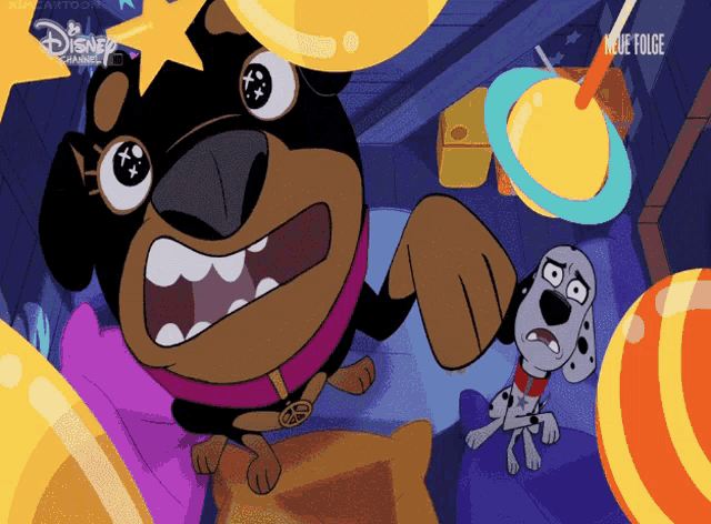 a cartoon of a dog with a disney channel logo in the background