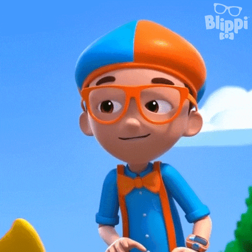 a close up of a cartoon character wearing glasses and a blue and orange hat .