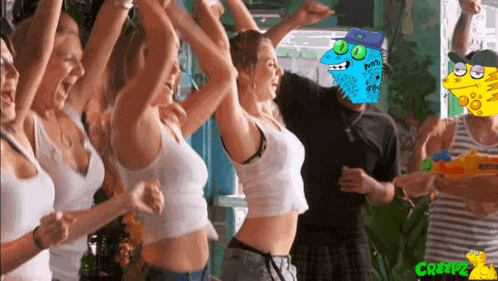 a group of people are dancing and one of them has a robot on his head that says ' crisp2 ' on it