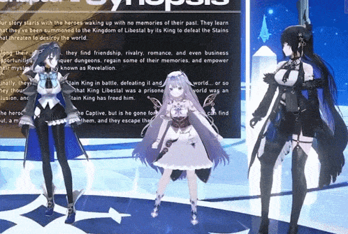 three anime characters are standing in front of a sign that says synopolis on it