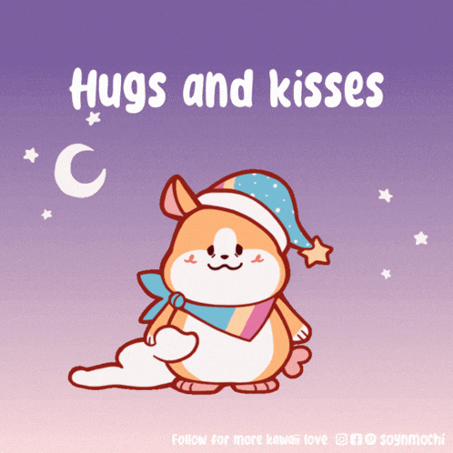 a cartoon of a hamster with the words hugs and kisses written above it