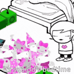 a cartoon of a girl standing next to a bed with the words `` its squidd 's bedtime ''