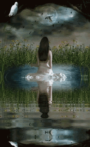 a woman in a white dress is standing in a pond with birds flying around her