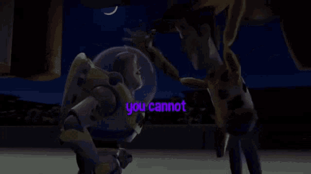 buzz lightyear and woody are standing next to each other in a scene from toy story .