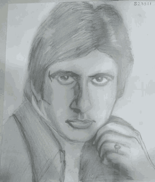 a pencil drawing of a man with a ring on his finger is labeled s23313
