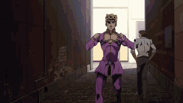 a man in a purple outfit is walking down a dark alley