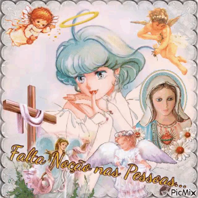 a picture of a girl holding a cross with the words falta nocao nas pessoas on the bottom