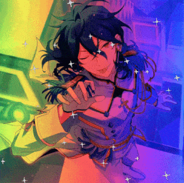 a cartoon character with a rainbow background and stars