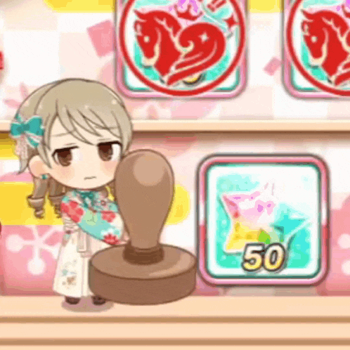 a little girl is holding a stamp in front of a shelf with a 50 sticker on it .