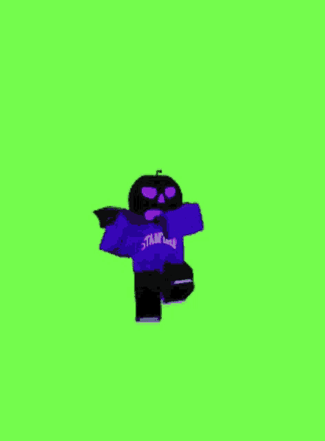 a cartoon character wearing a purple shirt with the word stunters on it