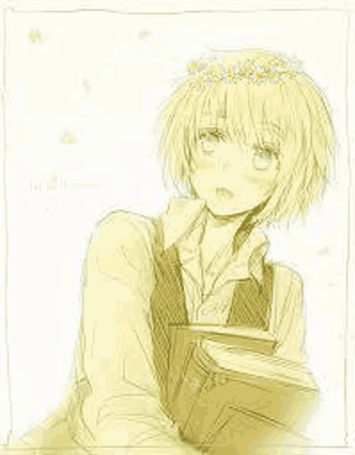 a young boy with a flower crown on his head is holding a book .