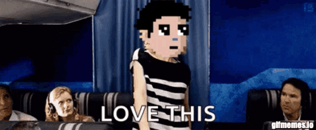 a pixel art of a person saying love this on an airplane