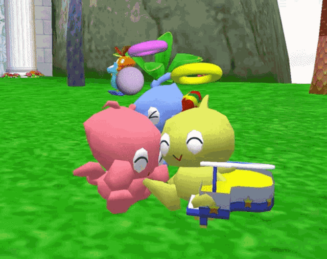 a group of cartoon characters are laying on top of each other on a lush green field