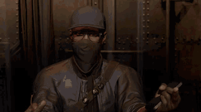 a man wearing glasses and a mask giving the middle finger