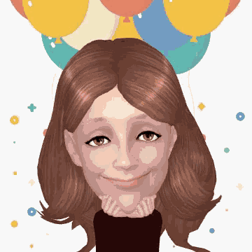 a girl with balloons on her head is smiling