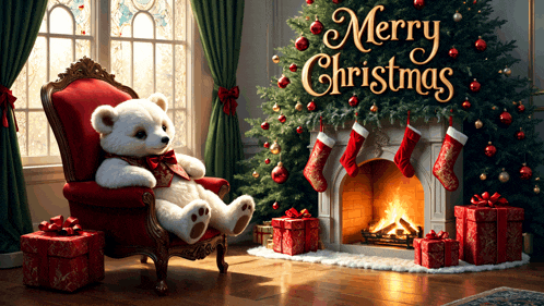 a teddy bear sits in a chair in front of a fireplace and a christmas tree