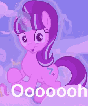 a picture of a purple pony with the words oooooooh on the bottom
