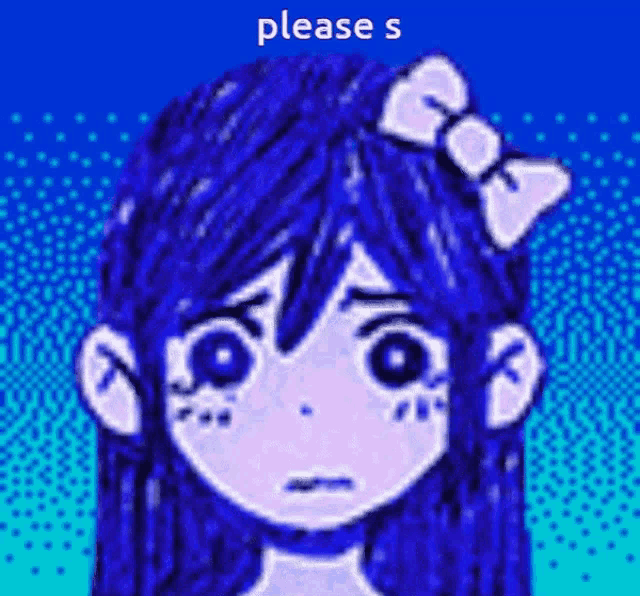 a cartoon girl with blue hair and a bow in her hair is asking for something .