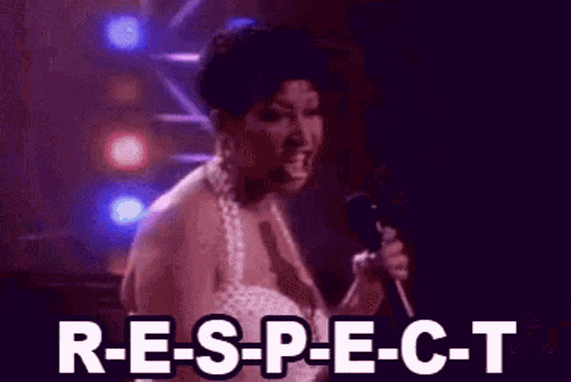 a woman is singing into a microphone with the words respect written below her