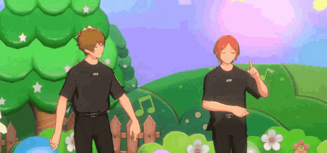 a couple of cartoon characters standing next to each other in a park .