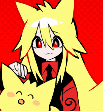 a cartoon girl with yellow hair and red eyes is holding a yellow cat