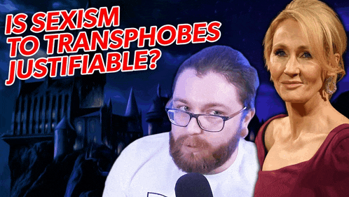 a man with glasses stands next to a woman with the words " is sexism to transphobes justifiable " written above him
