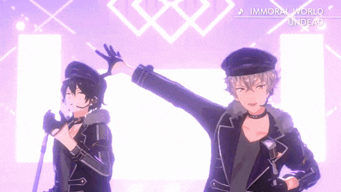 two anime characters are standing next to each other on a stage with the words immoral world undead above them