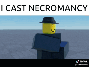 a cartoon character with a hat and a smiley face says " i cast necromancy "
