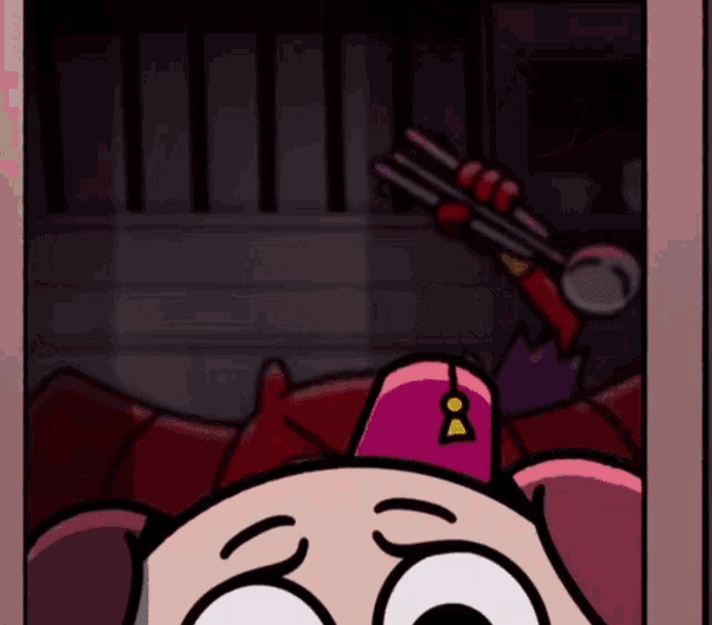 a cartoon character is wearing a pink hat with the letter a on it