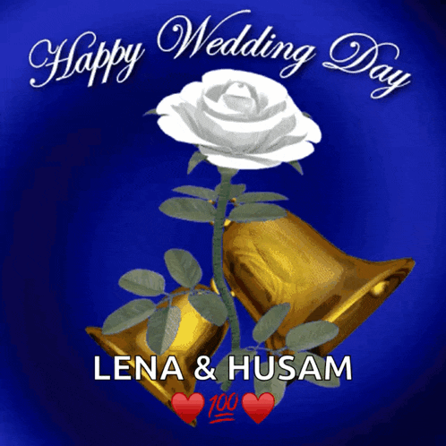 a happy wedding day greeting with a white rose and bells