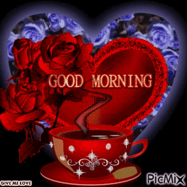 a picture of a cup of coffee with roses and a heart that says " good morning "