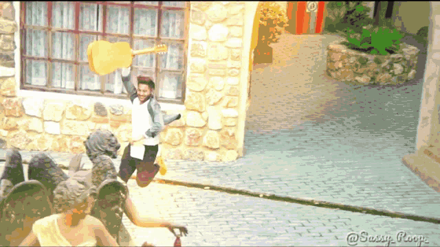 a man is jumping in the air while holding a guitar in front of a stone building with the words sassy sloop below him