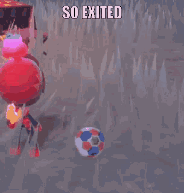 a cartoon character is holding a soccer ball and the words so exited are on the bottom