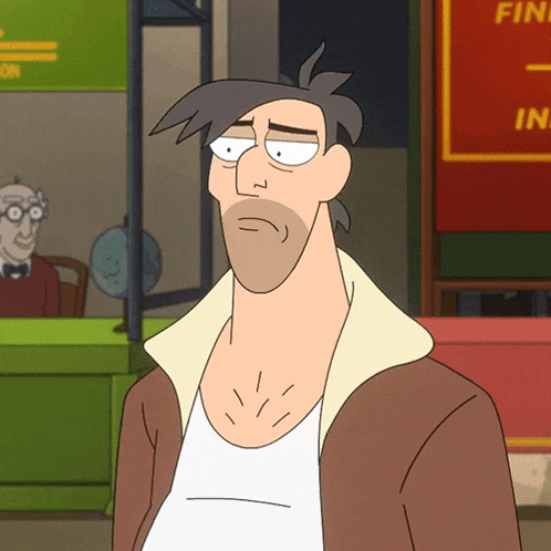 a man with a beard is standing in front of a sign that says fin