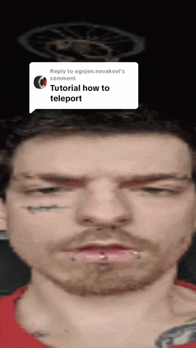 a close up of a man 's face with a speech bubble that says " tutorial how to teleport " on it